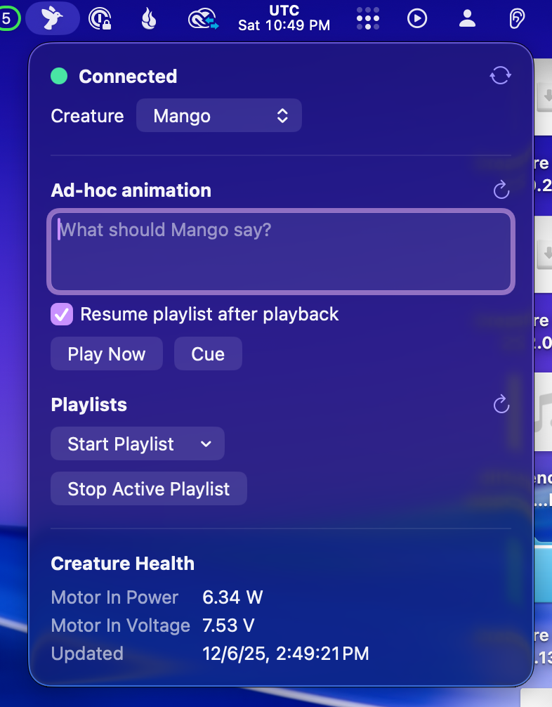 A screenshot of the mini player that's built into my Creature Controller. You can see that it's controlling Mango.